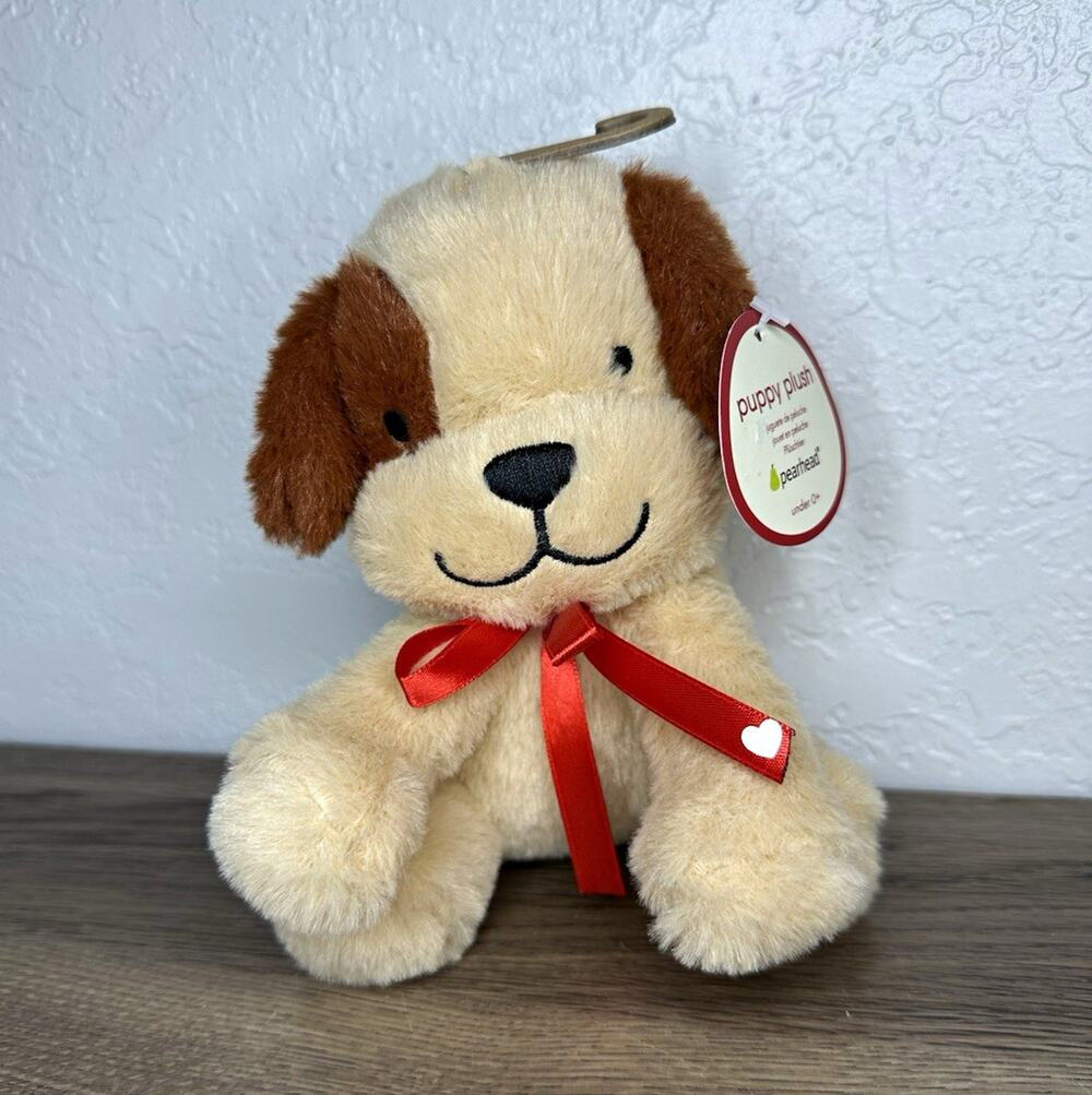 Pearhead Puppy Plush Stuffed Dog Brown Red Ribbon Bow 7” Sitting